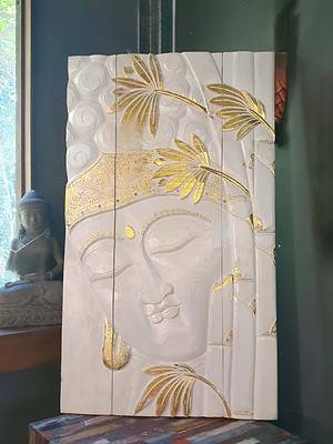 Gold Buddha wall panel 100cm high CPW12a White painted timber trimmed with gold. So versatile, sit on a table, shelf or hang on a wall.